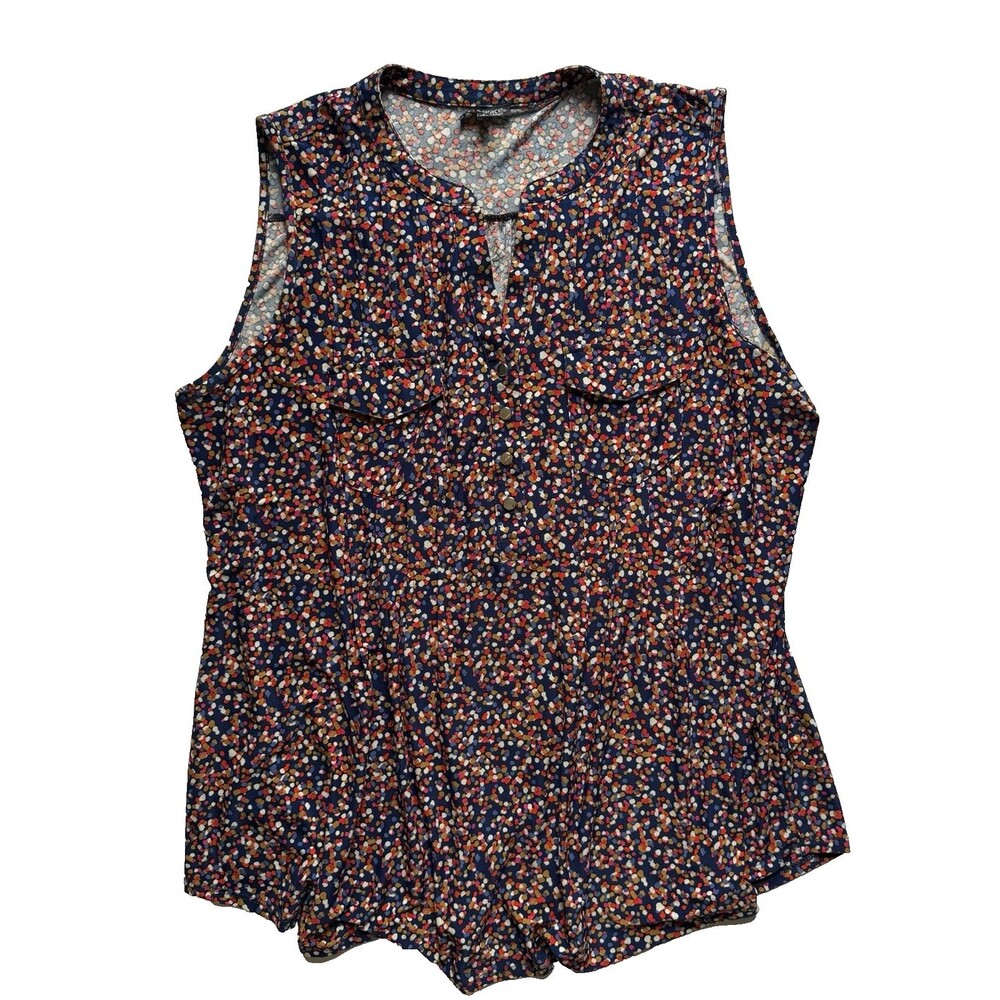 Ava & Grace Sleeveless Blouse Confetti Dot Henley Blue V-Neck Women Size 2X